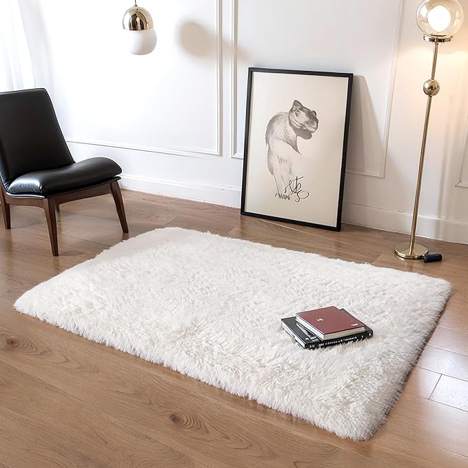 3x5 Thick Cream White Fluffy Shag Rug by KICHOWUA