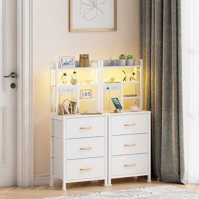 Tall Nightstand, 3 PVC Fabric Drawers and 4-Tier Storage Shelf, Bedside Table - Image 6