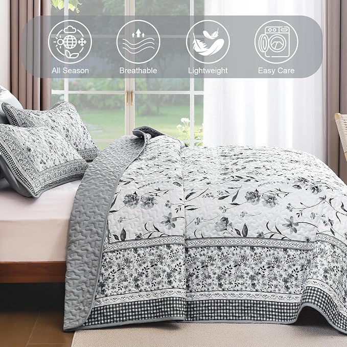 WONGS BEDDING Floral Quilt Set King, Microfiber Lightweight Farmhouse Bed Cover - Image 5
