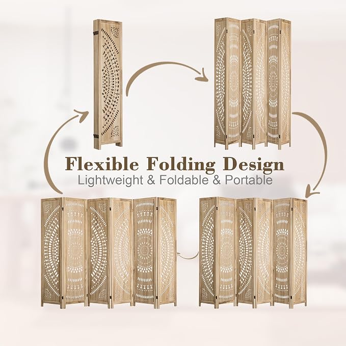 WelFurGeer Handcrafted Carved Wooden Room Divider Screen, Folding Privacy Screen - Image 4