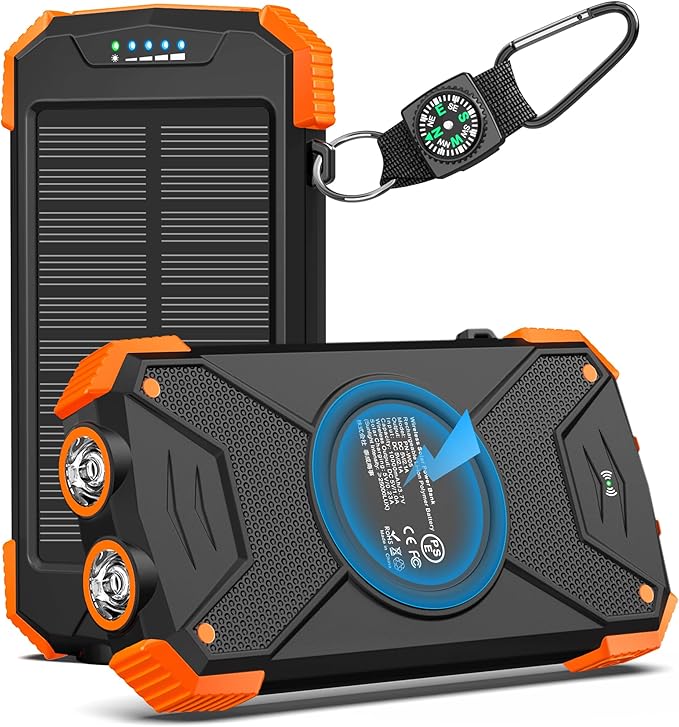 BLAVOR Solar Power Bank 10,000mAh, Portable Wireless Charger, 20W Fast Charging External Battery Pack with USB C for Cell Phones, Solar Panel Charging with Dual Flashlight for Camping