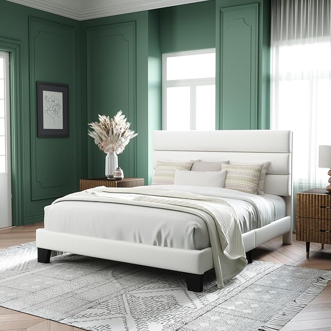 Allewie Full Size Platform Bed Frame with Velvet Upholstered Headboard and Wooden Slats Support, Fully Upholstered Mattress Foundation/No Box Spring Needed/Easy Assembly, White