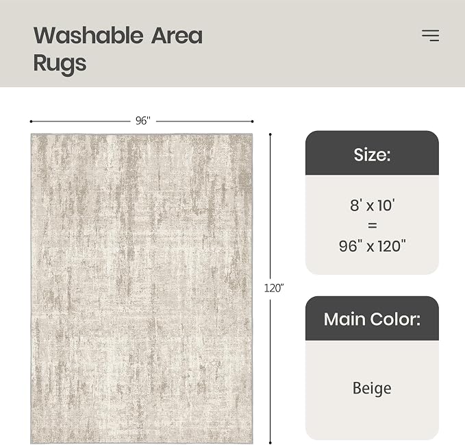 8x10 Area Rugs for Living Room, Abstract Large Washable Rug Beige | Soft & - Image 2