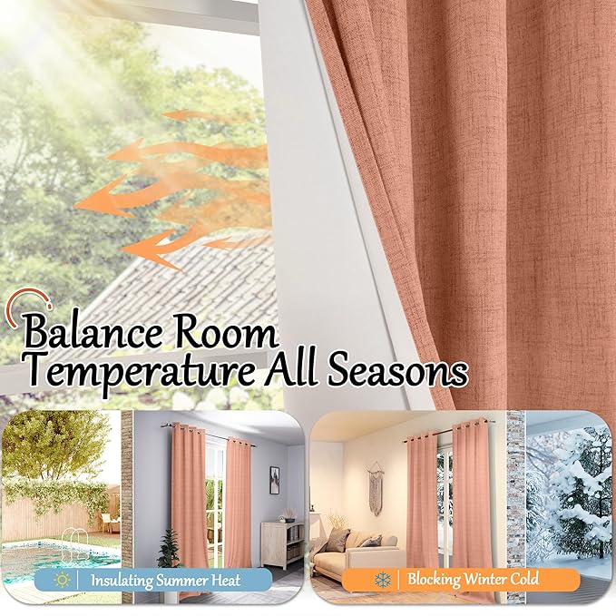 Terracotta Linen Blackout Curtains 54 Inch Long 2 Panels for Bedroom, Thermal Insulated Total Light Blocking Noise Reducing Window Curtains for Farmhouse Living Room, Each 52x54 Inch 2 Panels
