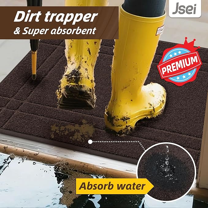 JSEI Entryway Rugs Doormat 20"x32", Non-Slip Dirt Trapper Door Mats Indoor, Washable Absorbent and Stain Resist Welcome Floor Mat for Front Door, Dog Door Mat, Muddy Wet Shoes & Paws, Brown