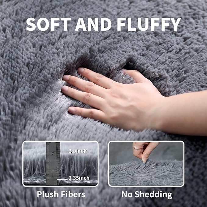 Grey Fluffy Large Area Rug 8x10, Soft Washable Shag Carpet | Cute plush fuzzy - Image 4