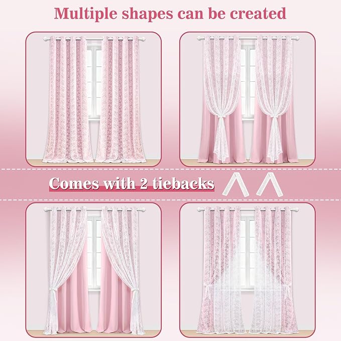 Yinhua Pink Curtains for Girls Room Double Layer Blackout Curtains for Bedroom - Image 6
