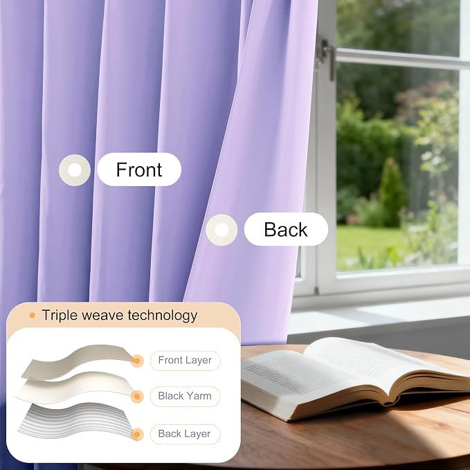 Etherealveil Lavender Purple Pinch Pleated Blackout Curtains 2P 40"x102" | Back - Image 4