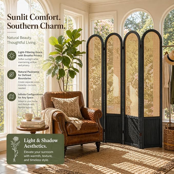 Rattan Room Divider, 4 Panel Folding Room Screen Divider, Foldable Room - Image 3