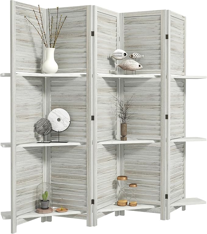 HOMCOM Room Divider with Shelves, 5 Panel, Distressed White | Wood Privacy by HOMCOM