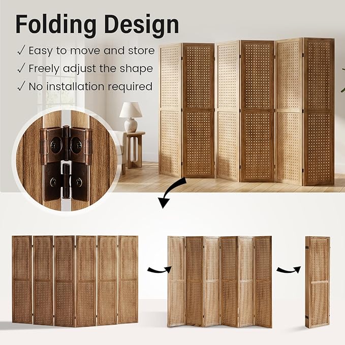 6 Panel Pegboard Room Divider, Folding Privacy Screen, Natural | 5.6 Ft Tall - Image 6
