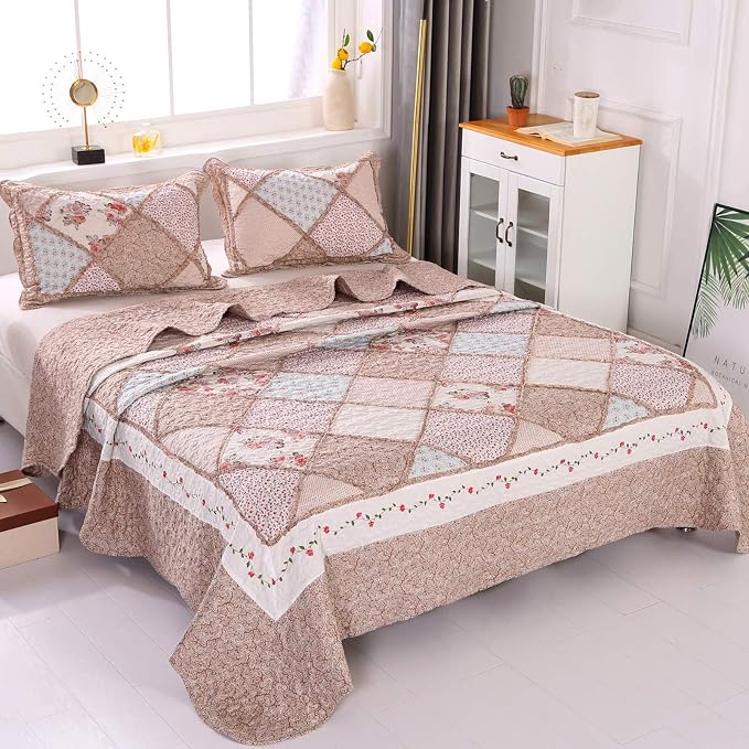 Full/Queen Size Quilt Set Pink Floral Patchwork Bedspreads Bedding Set | - Image 2