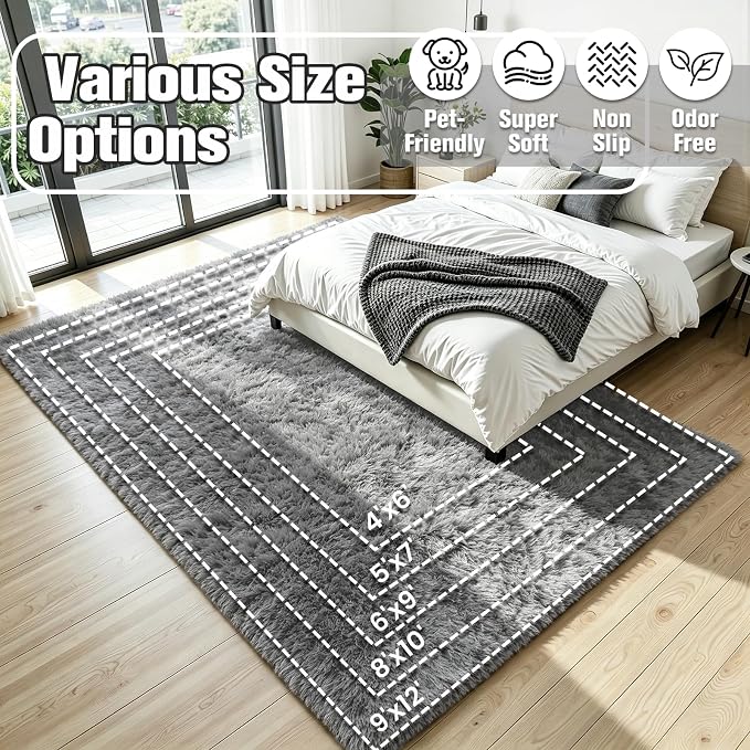 4x6 Fluffy Area Rug for Living Room: Non-Slip Light Grey Bedroom Carpet | Ultra - Image 8