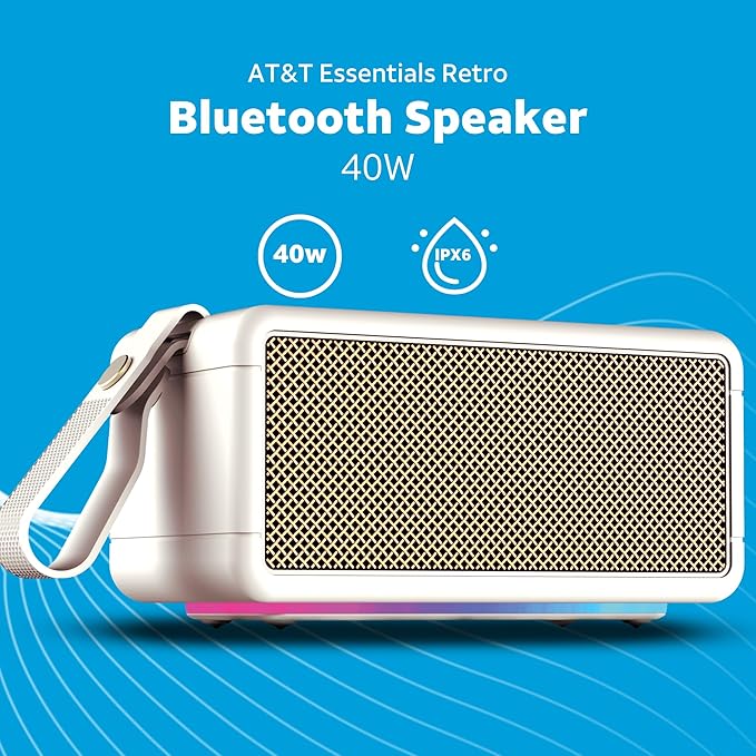 AT&T Essentials Retro 40W Bluetooth Speaker, IPX6 Waterproof, Bluetooth 5.3, LED Light Modes, Bass & Treble Control, 12H Battery, USB-C Charging, Outdoor & Indoor Use, Home Audio System - Cream
