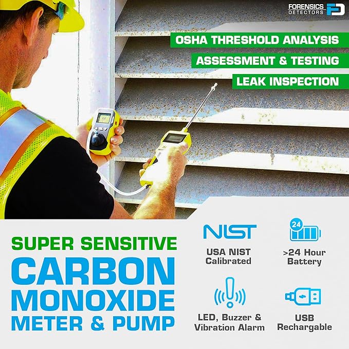 Carbon Monoxide Detector CO Analyzer + Pump by Forensics | USA NIST Calibration | Water, Dust & Explosion Proof | USB Recharge | 0-1000 ppm |