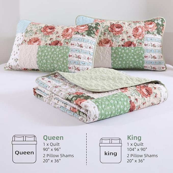 Anibedding Floral Patchwork Quilt Set Queen Size, Soft Lighweight Farmhouse - Image 7