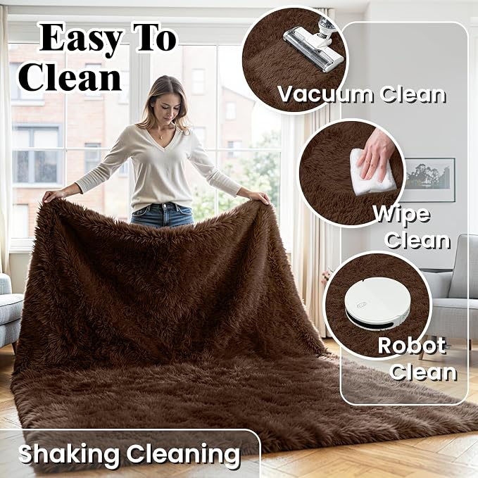 5x8 Fluffy Area Rug for Living Room: Soft Non-Slip Brown Bedroom Carpet | Ultra - Image 6