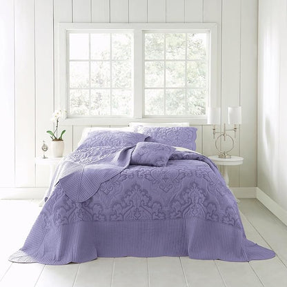 BrylaneHome Bedding Lightweight All Season Modern Amelia Quilted Damask Oversized Ultra Soft Bedspread - King, Lavender