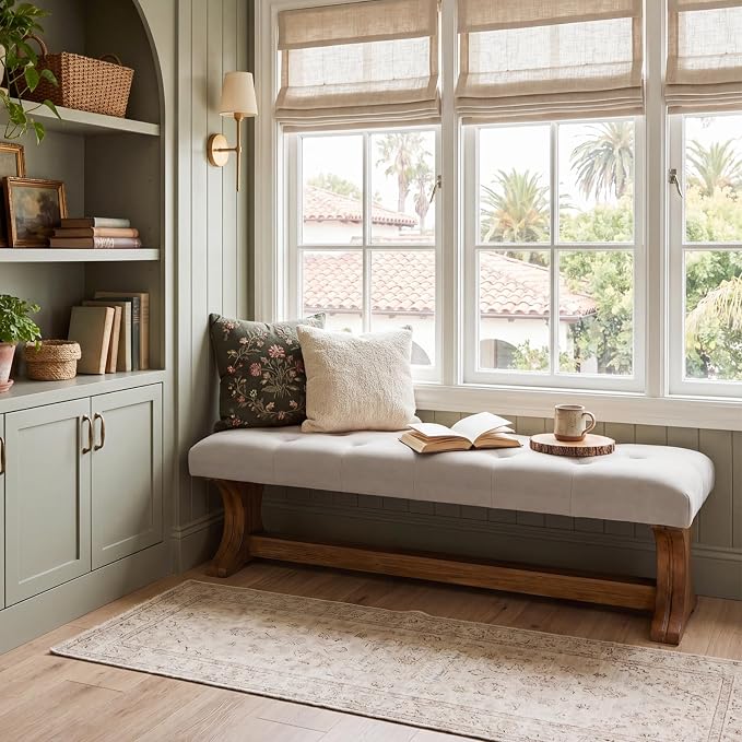 LITTLE TREE 55" Upholstered End of Bed Bench, Solid Wood Tufted Entryway Bench - Image 9