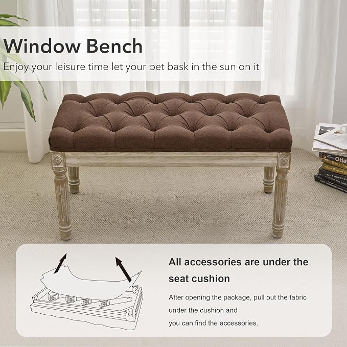 LOULENS 31'' Entryway Bench, Linen Upholstered End of Bed Bench, Brushed Wood - Image 3