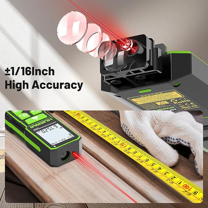 Laser Distance Measure 330Ft. Huepar Digital Rechargeable Laser Measuring Tool with Bluetooth -Phone APP, Angle Sensor, 1/16in Accuracy, M/in/Ft Unit, Pythagorean Mode, Measure Distance, Area, Volume