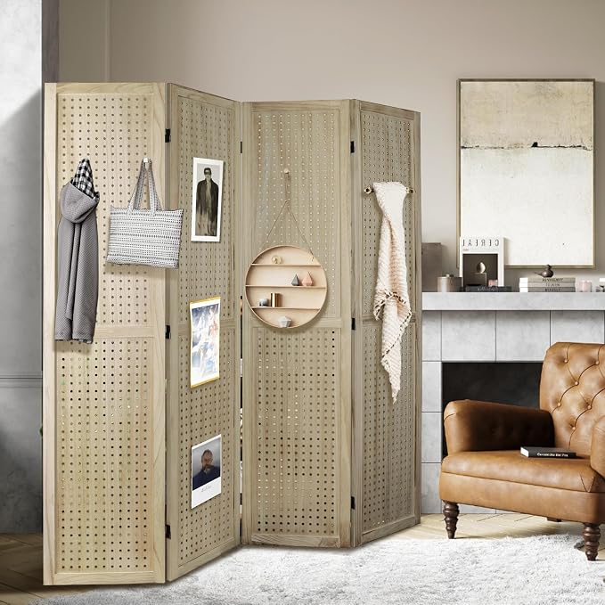 4 Panel Pegboard Room Divider | Natural Wood Folding Privacy Screen - Image 9