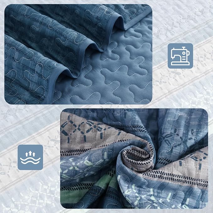 Cottolester Blue Quilt Set California King, Boho Striped Quilted Bedding Set | - Image 5