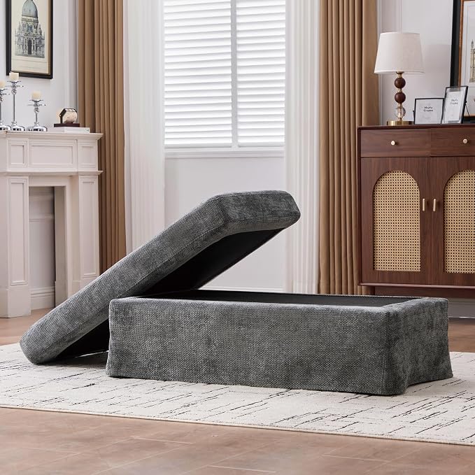 extrasleep Ottoman with Removable Tray, Upholstered Bench with Chenille Fabric - Image 6