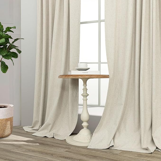 Burlap Curtains 90 Inches Long for Bedroom 2 Panel 100 Percent Blackout Linen Textured Full Light Blocking Cottage Drape for Living Room Dining Noise Reducing Sound Proof Curtains 52x90 Length Beige