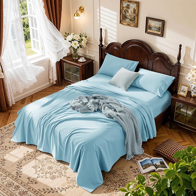 LBRO2M 1000 Thread Count 100% Egyptian Cotton Sheets Set Full Size, 4 Piece Sets Bed Sheet Deep Pocket Sheet Set 16" Soft Comfortable All Season (Full, Light Blue)