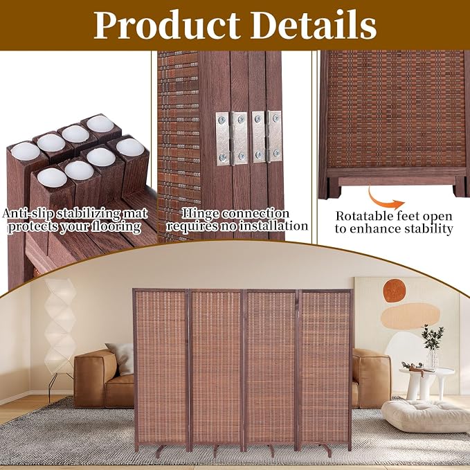 Bamboo Room Divider 4 Panel 47" H, 360°Rotating Feet Privacy Screen, Portable - Image 4
