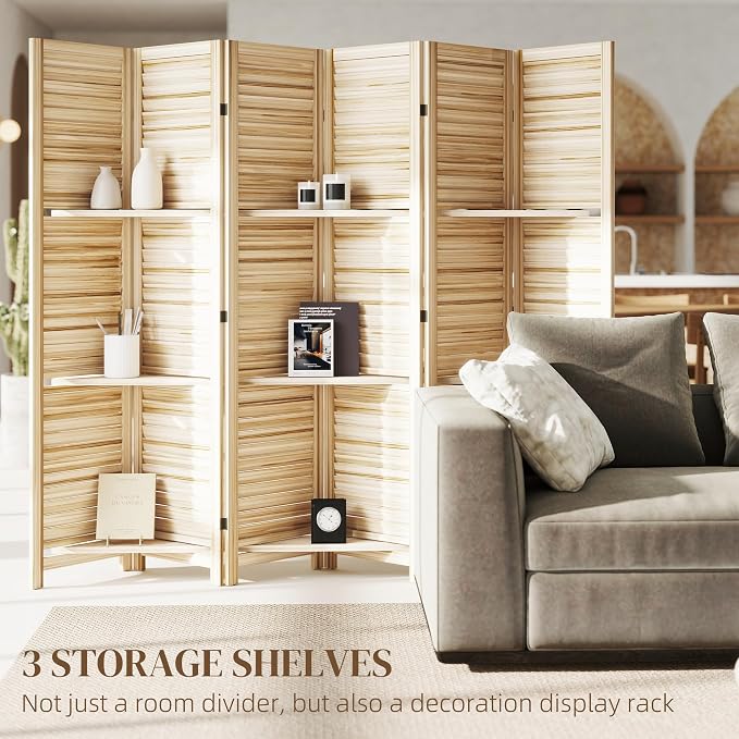 HOMCOM Room Divider with Shelves, 6 Panel, Natural Wood | Wood Privacy Screen - Image 3
