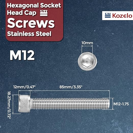 Kozelo 2pcs Socket Head Cap Screws - [M12-1.75 x 85mm] 304 Stainless Steel Allen Socket Drive for Electrical Motor 3D Printing Fan Engine Replacement Use, Silver