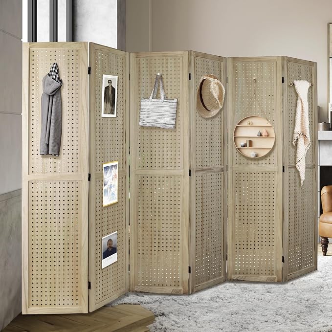 6 Panel Pegboard Room Divider | Natural Wood Folding Privacy Screen - Image 9