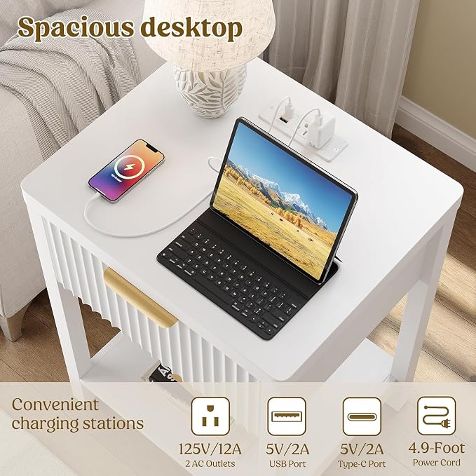 Night Stand Set 2, Fluted Wood Nightstands w/Charging Station - Image 5