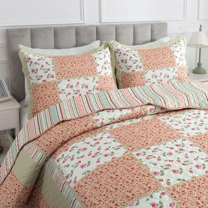 3-Piece Quilt Set Quilted Bedspread Lightweight Coverlet Set Patchwork Floral - Image 3