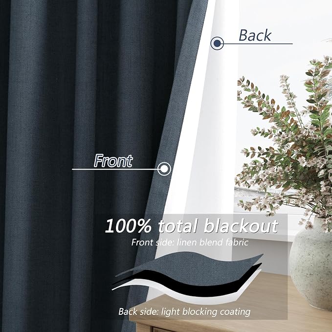 100% Blackout Linen Curtains 96 Inch Length 2 Panels Set - Image 4