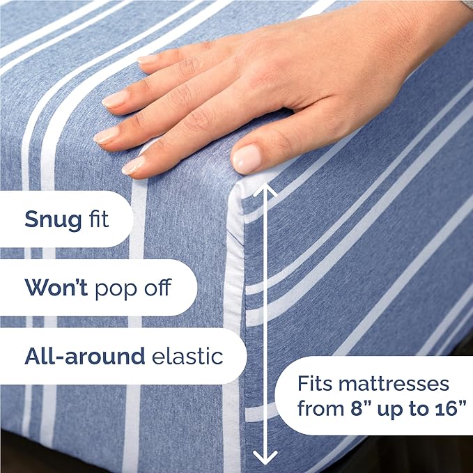 Full 6 Piece Sheet Set - Cooling, Comfy & Breathable - Hotel Luxury Bedding, Includes Fitted Sheet for Women, Men, Kids & Teens - 1 Flat, 1 Fitted Sheet, 4 Pillowcases w/Deep Pockets - Blue Stripes