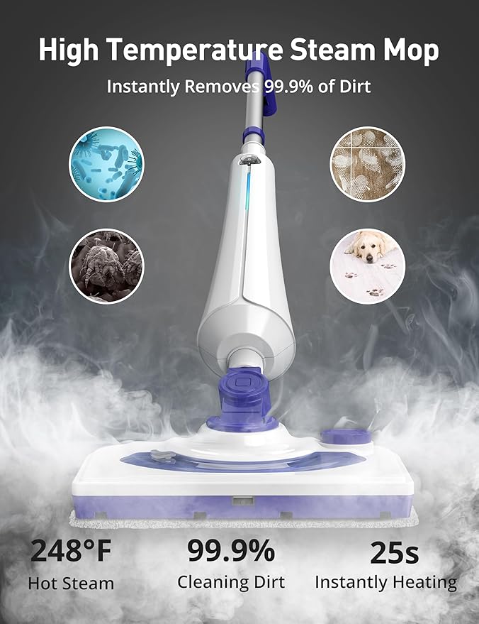 Steam Mops for Floor Cleaning, 1300W Floor Steamer with Detergent Chamber, 25S Heat Up, Lightweight Steamer for Cleaning with 2 Washable Pads, Safe for Tiles, Upholstery, Carpet, Hardwood
