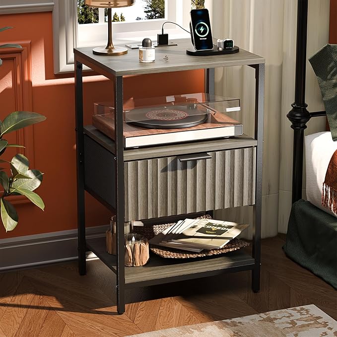 VINGLI Grey Night Stand with Charging Station and Fabric Drawer, Fluted by VINGLI