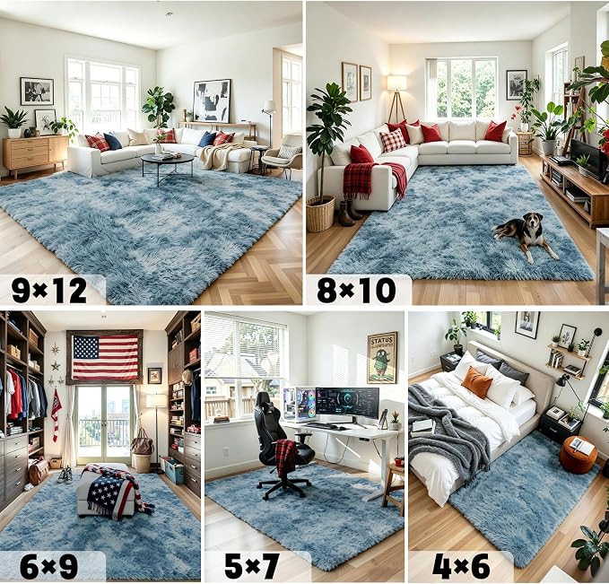 8x10 Area Rugs for Living Room, Dark Blue Tie-Dyed Large Soft Shaggy Carpet | - Image 7