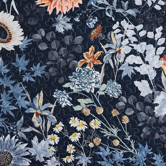 Yiran Navy Blue Sunflower Floral Quilt Set King Size | Botanical Bedspread - Image 5