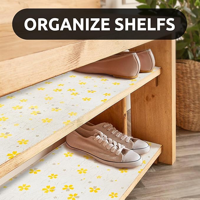 RAY STAR 18X96 Inch Shelf Liner for Kitchen Cabinets, Non-Adhesive Cabinet Liner Washable, PVC Drawer Liner for Dresser Non-Slip Bathroom (Yellow Floral)(1 Roll)