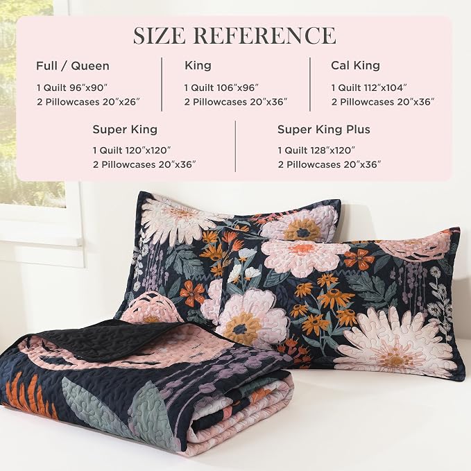 California King Quilt, Cal King Oversized Navy Floral Bedspread | 3 Pieces - Image 5