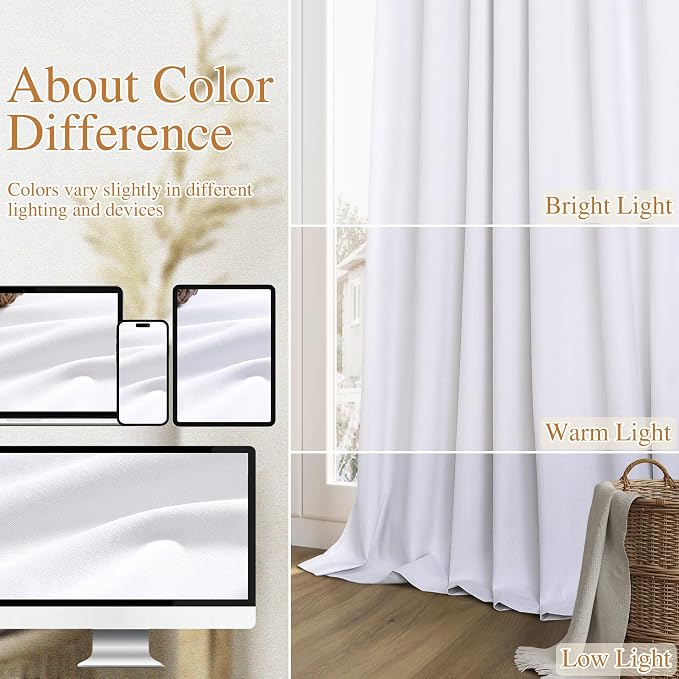 White 100% Blackout Linen Curtains 54 Inch Length 2 Panels Set - Image 7