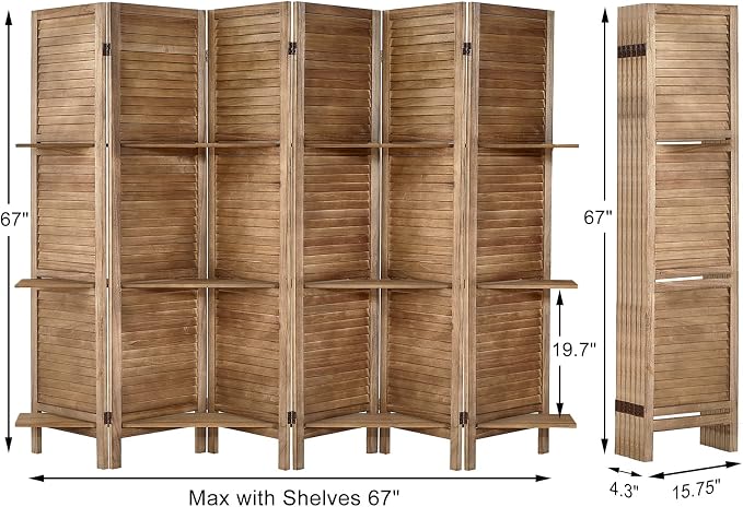 Room Divider with Shelves, 6 Panel Brown Privacy Screen | Partition Room - Image 2