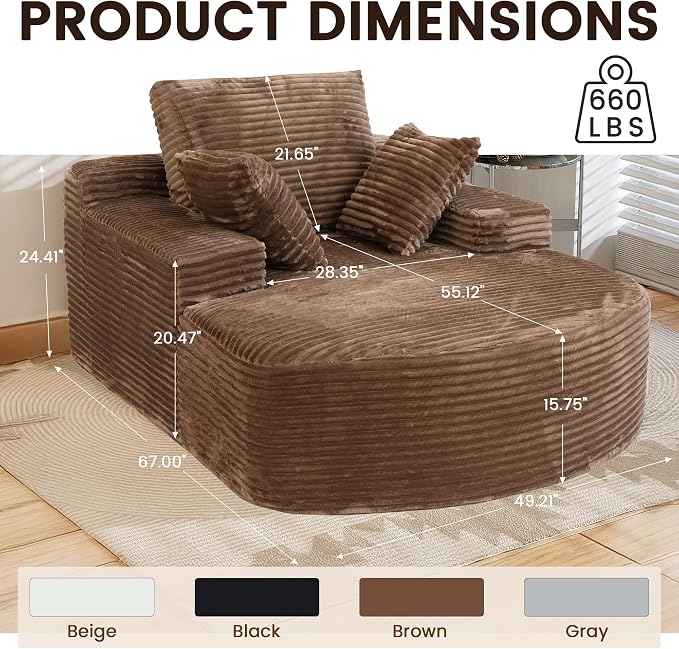Oversized D-Shaped Lounge Chair Indoor, Modern Upholstered Corduroy Deep Seat - Image 2