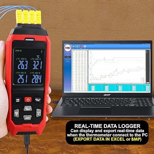 Thermocouple Thermometer Data Logger 4 Channels Digital K Type Thermometer with 5000 Groups Programmable Temperature Recording -328~2501℉ Measuring Range, Audible & Visible Alarm ADJ Compensation
