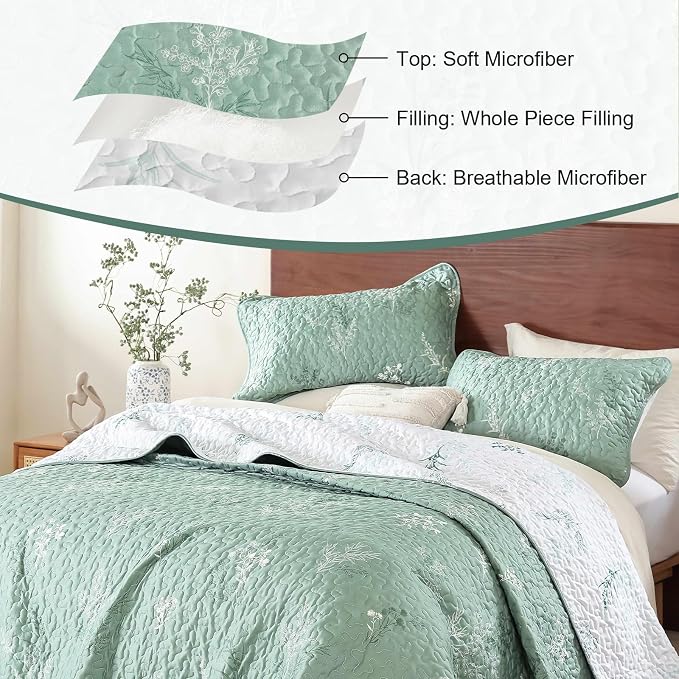 DJY King Size Sage Green Botanical Quilt Set, Floral Bedspread Coverlet | - Image 2