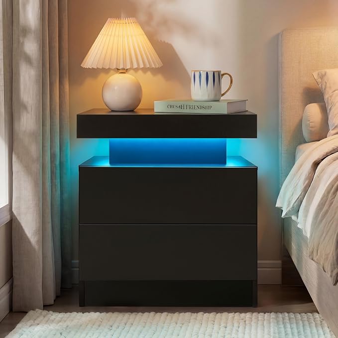 LED Nightstand with Wood 2 Drawers Modern Bedside Table - Image 3